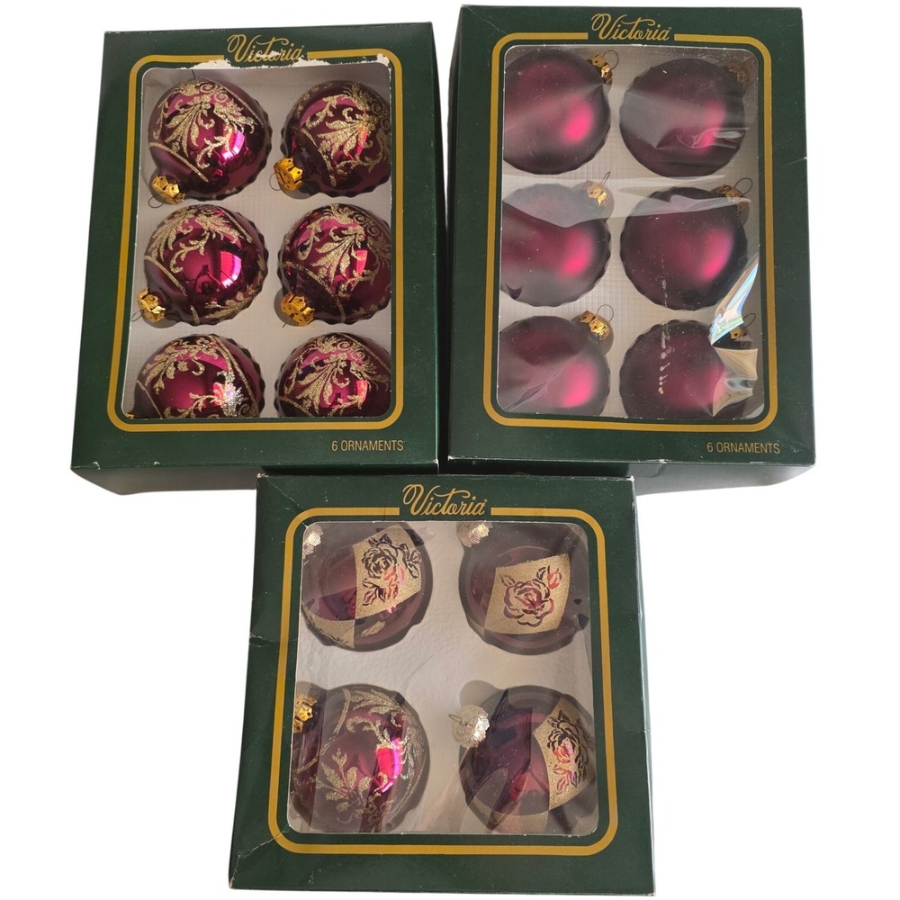 VTG Victoria Rauch Glass Christmas Ornaments Plum Burgundy Gold Glitter Lot USA